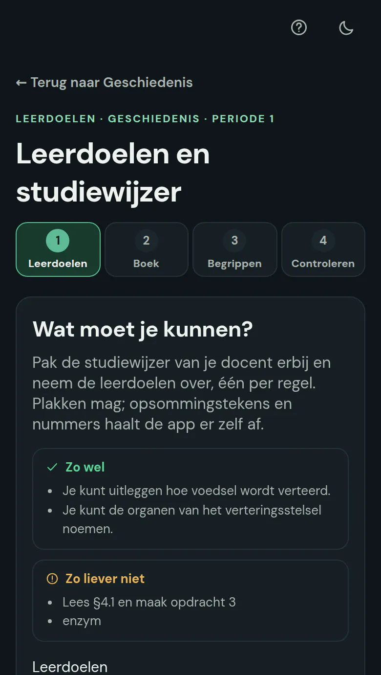 De leerdoelen van Geschiedenis voor periode 1, overgenomen uit de studiewijzer, zoals: Je kunt uitleggen welke oorzaken hebben bijgedragen aan de Industriële Revolutie.