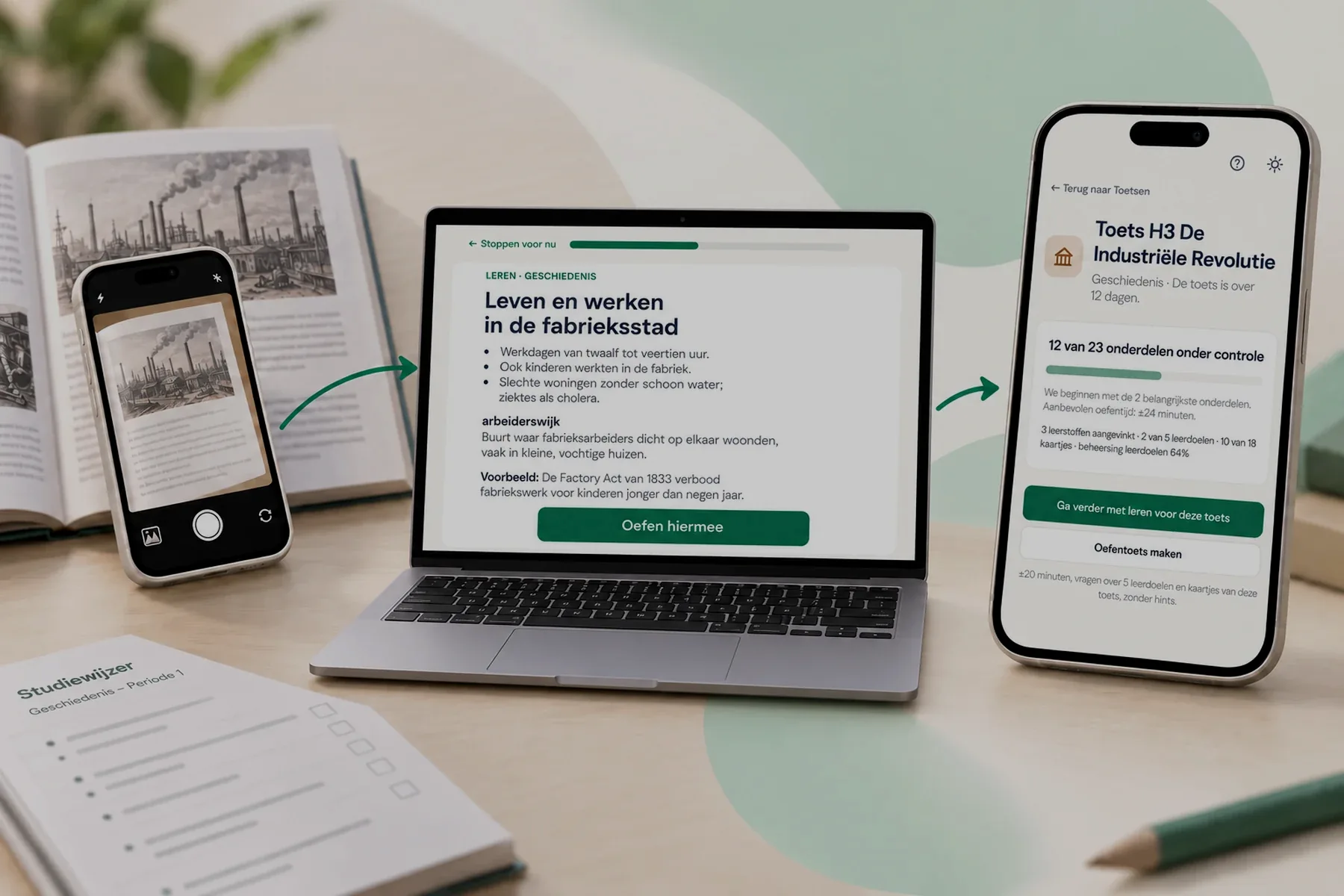 Zo werkt Doelgericht: je fotografeert een pagina uit je schoolboek, krijgt op de laptop uitleg bij precies die stof (Leven en werken in de fabrieksstad) en ziet op je telefoon hoeveel van je toets je al onder controle hebt: 12 van 23 onderdelen.