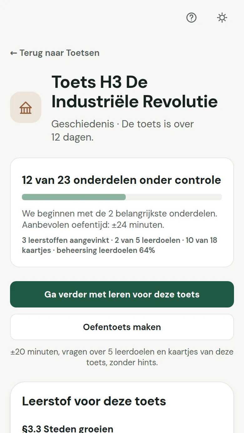 De toets over de Industriële Revolutie, over 12 dagen: 12 van 23 onderdelen onder controle, met de knop Ga verder met leren voor deze toets.