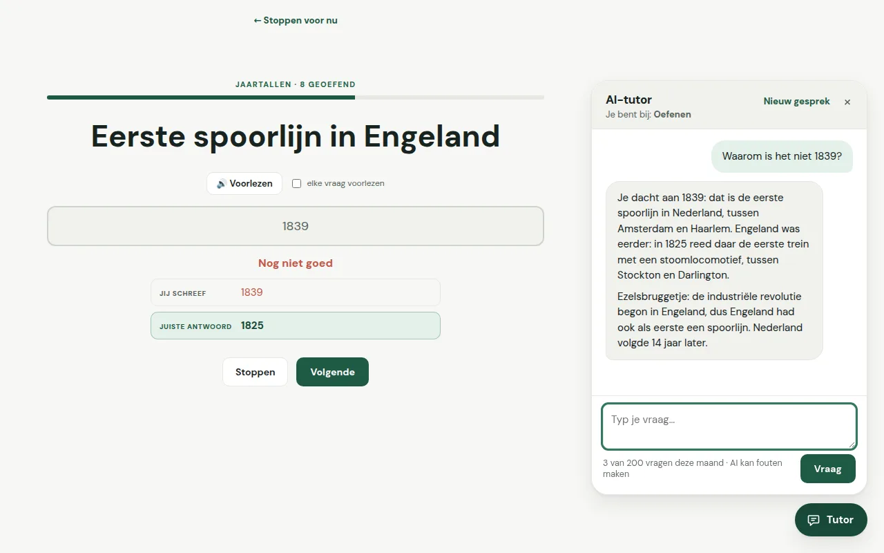 De AI-tutor naast een oefenvraag: de leerling schreef 1839 bij Eerste spoorlijn in Engeland, de tutor legt uit dat 1839 de eerste spoorlijn in Nederland was en Engeland in 1825.